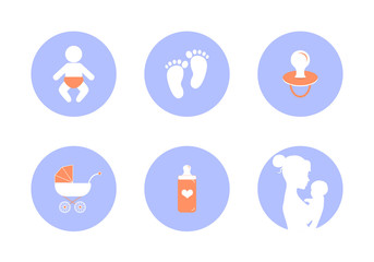 Vector icons on Maternity and child care. Graphics for applications. Caring for a newborn baby. Mother and child.