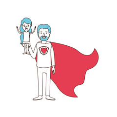 silhouette cartoon with color sections of full body super dad hero with girl on his hand vector illustration