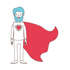silhouette cartoon with color sections of full body bearded super man hero with heart symbol in uniform vector illustration