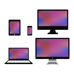 Set of realistic computer monitors, laptop, tablet and mobile phone.  Electronic gadgets isolated on white background.