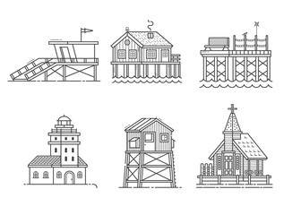 Typical seaside houses and buildings set. Fishing village or town constructor with lighthouse, life guard, pier, stilted house, observation tower and marine church in thin line design. Sea side icons.