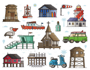 Travel seaside town constructor with typical sea coast and fishing village elements. Lighthouse, marine church, baywatch, scooter, surf car, stilted house, boat and more. Maritime elements collection.