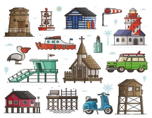 Wall murals Pier Travel seaside town constructor with typical sea coast and fishing village elements. Lighthouse, marine church, baywatch, scooter, surf car, stilted house, boat and more. Maritime elements collection.