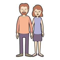 light color caricature thick contour full body couple woman with wavy short hair in skirt and man in casual clothing vector illustration