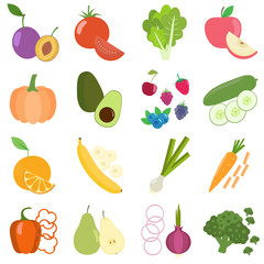 Set of fresh healthy vegetables, berries and fruits. Slices of fruits and vegetables. Flat design. Organic farm illustration. Healthy lifestyle vector design elements.