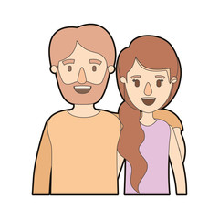 light color caricature thick contour half body couple woman with ponytail side hair and bearded man vector illustration
