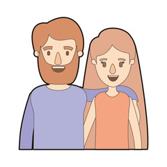 light color caricature thick contour half body couple woman with long hair and bearded man vector illustration