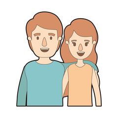 light color caricature thick contour half body couple woman with short wavy hair and man vector illustration