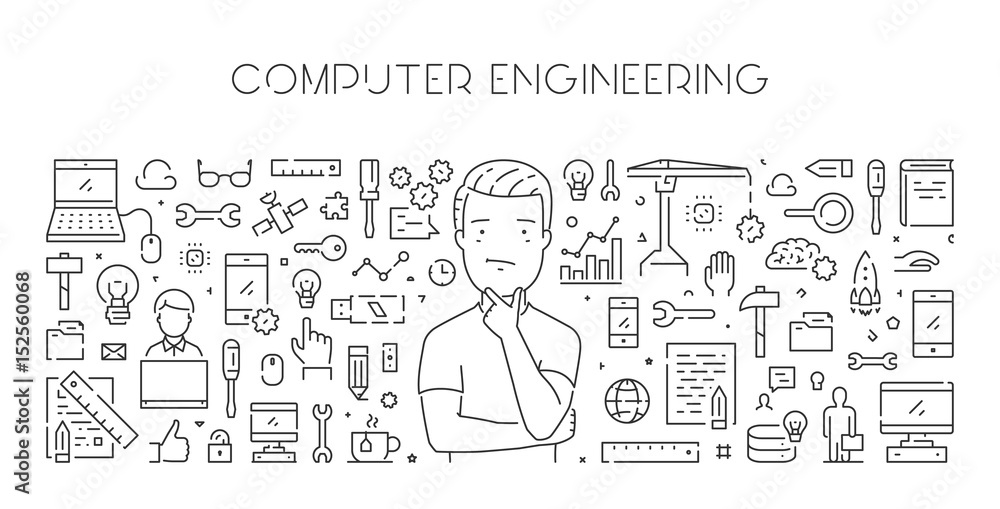 Poster vector line web banner for computer engineering