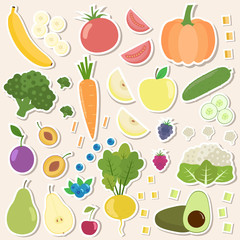 Set of fresh healthy vegetables, berries and fruits stickers. Slices of fruits and vegetables. Flat design. Organic farm illustration. Healthy lifestyle vector design elements.