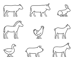 Vector line icons for farm animals