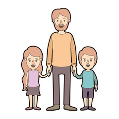light color caricature thick contour full body bearded man taken hand with girl and boy vector illustration
