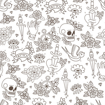Seamless Doodle Pattern. Traditional Old School Tattoo. Vector background.