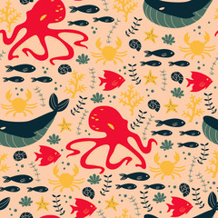 Seamless Pattern with Sea Elements.