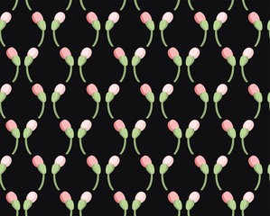 Floral pattern, seamless, rose buds, black background, vector. Vertical garlands of rosebuds on a black field. Colored, flat background.  