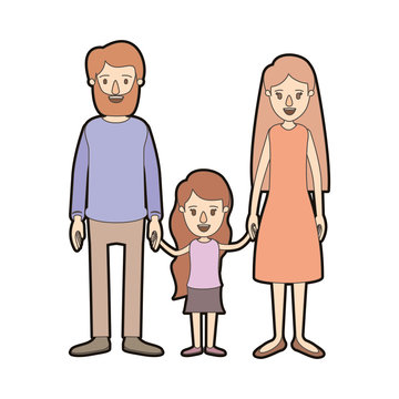 light color caricature thick contour family with father bearded and mom with long hair with little girl taken hands vector illustration