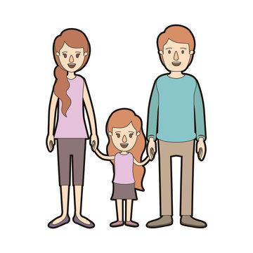 light color caricature thick contour family with young father and mom with side ponytail hair with little girl taken hands vector illustration