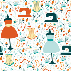 Vector Seamless Background with Sewing Accessories