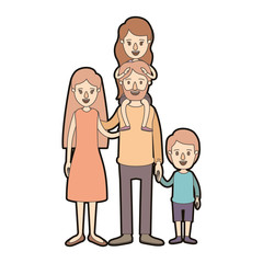 light color caricature thick contour family parents with girl on his back and boy taken hands vector illustration