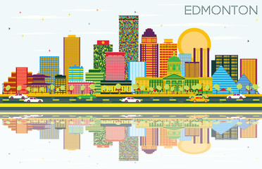 Fototapeta premium Edmonton Skyline with Color Buildings, Blue Sky and Reflections.