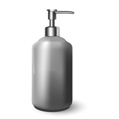 Vector Packaging: Black Cosmetic Bottle beauty products with silvery pump cap on white background. Mock-up template ready for design.