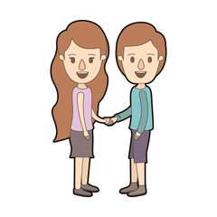 light color caricature thick contour side view full body couple in casual clothing handshake vector illustration