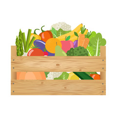 Fresh healthy vegetables and fruits in a wooden box. Vector illustration.