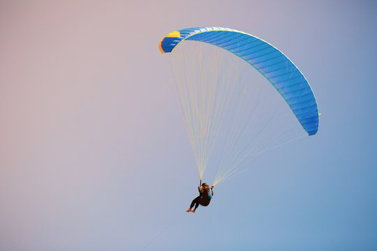 Flight and training paragliders. Paragliding. Clear sky.