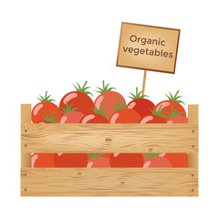 Wooden box of tomatoes. Organic vegetables. Vector illustration.