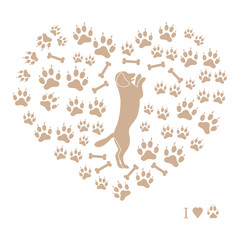 Nice picture of dog standing on its hind legs silhouette on a background of dog tracks and bones in the form of heart.