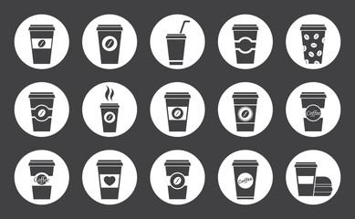 Disposable coffee cup, vector icons set design
