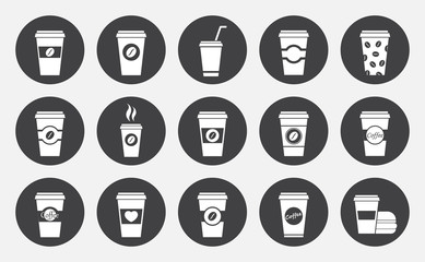 Disposable coffee cup, flat vector icons set