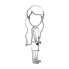 blurred silhouette cartoon full body faceless woman with wavy long hair looking to side vector illustration