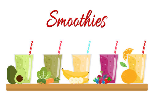Cartoon smoothies. Orange, berry, banana, green and avocado smoothie. Organic fruit shake smoothie. Flat design. Vector illustration.
