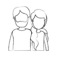 blurred silhouette cartoon faceless half body couple woman with ponytail side hair and bearded man vector illustration