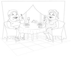 A fat woman in a polka-dot dress and a fat man in jeans are sitting in a restaurant, eating broccoli and drinking wine. Black and white image
