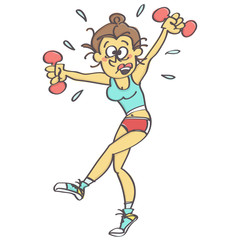 Funny cartoon with woman exercising aerobics stressed and all sweaty, vector illustration isolated on white background