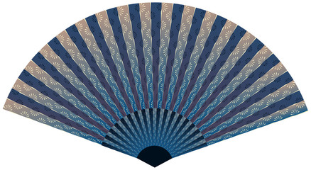 asian fan with linear flower pattern in night blue shades