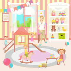 Kindergarten vector illustration. Kids club. Flat design. Children's activity in the play room. Playing, education.