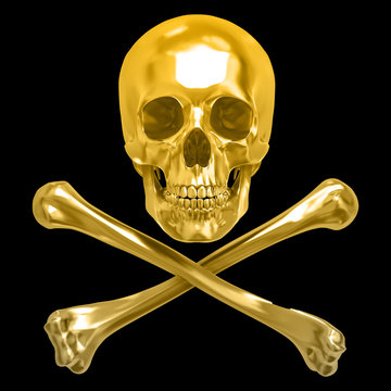 Bright shining, golden human skull and crossed bones, isolated against the dark black background.