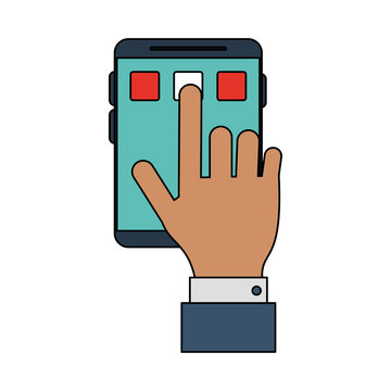 color image closeup hand pressing an app in smartphone device vector illustration