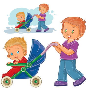 Vector clip art illustration older brother wheeled baby stroller with kid. Print, template, design element