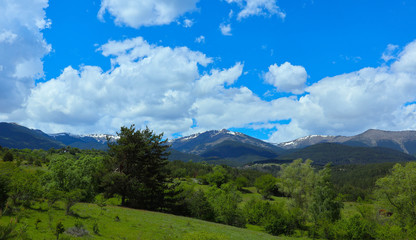 Fototapeta premium Photo depicting a beautiful colorful amazing mountain meadow paradise landscape, summertime. European alpine mountains bathed in sunshine on a blue sky background.