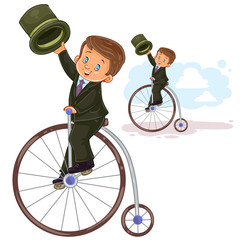 Vector illustration, icon of small boy in period costume ride retro bike