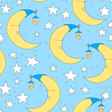 Seamless moon and star pattern vector illustration. Cute baby wallpaper for nursery or clothes. Good night background. Hand drawn texture.