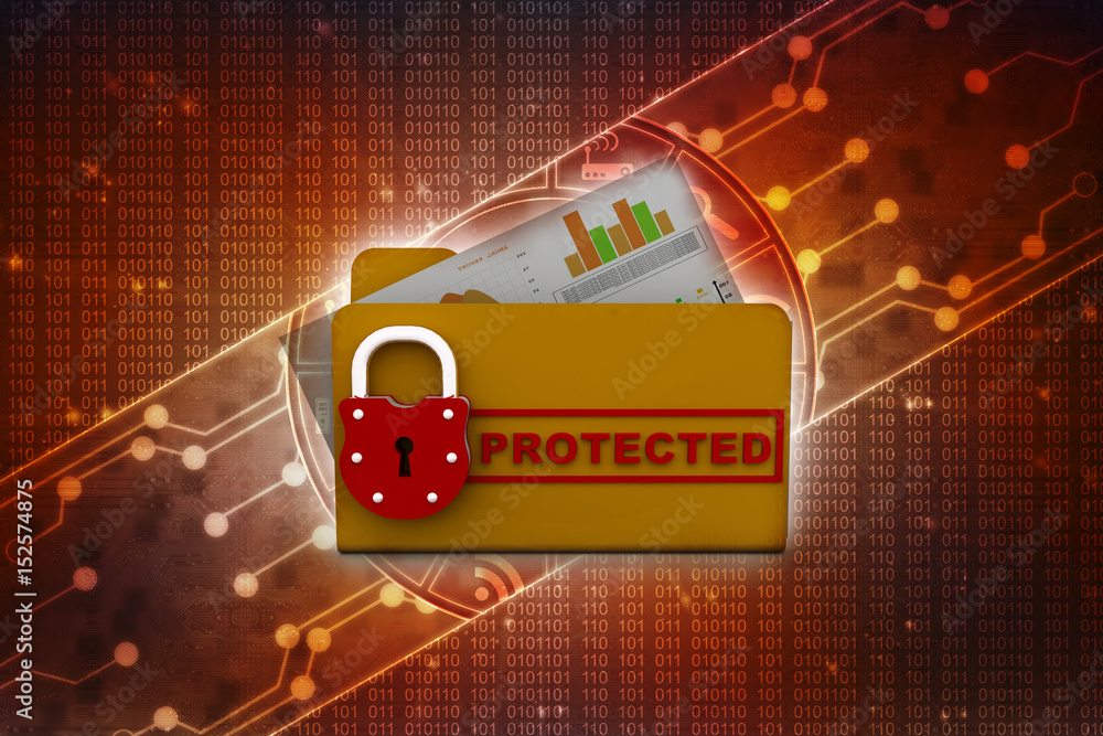 Poster yellow folder and lock. data security concept. 3d rendering