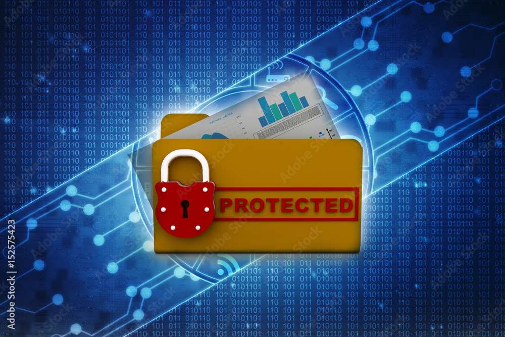Poster yellow folder and lock. data security concept. 3d rendering