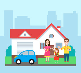 Obraz na płótnie Canvas happy family standing outside their house cottage and car