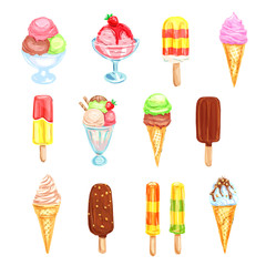 Ice cream, cold dessert food watercolor set