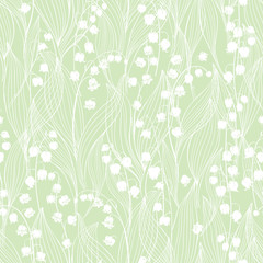 Fototapeta premium Seamless vector pattern with lilies of the valley on a green background.